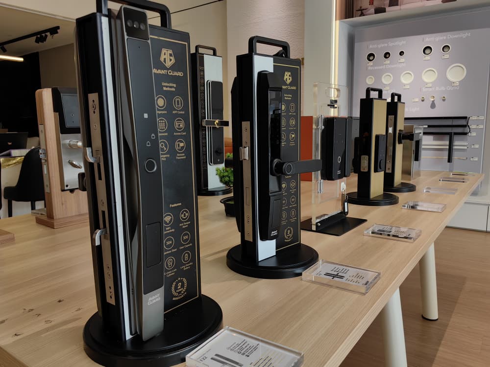 Avant Guard digital door locks on a showroom display stand