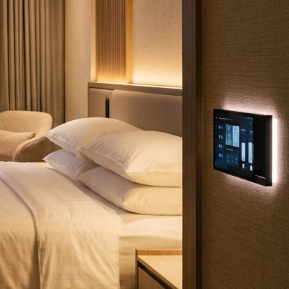 Avant Guard smart wall panel beside a bed