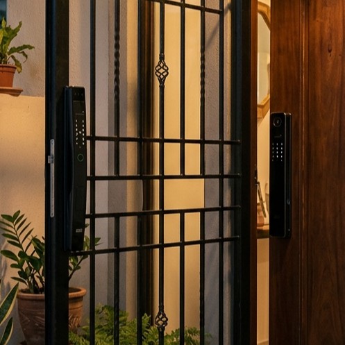 Avant Guard smart locks on a grille and wooden door