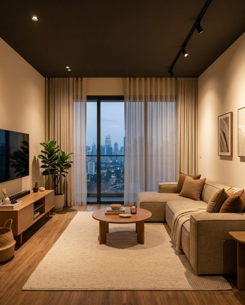 Living room at dusk with Avant Guard smart lighting and motorised curtains