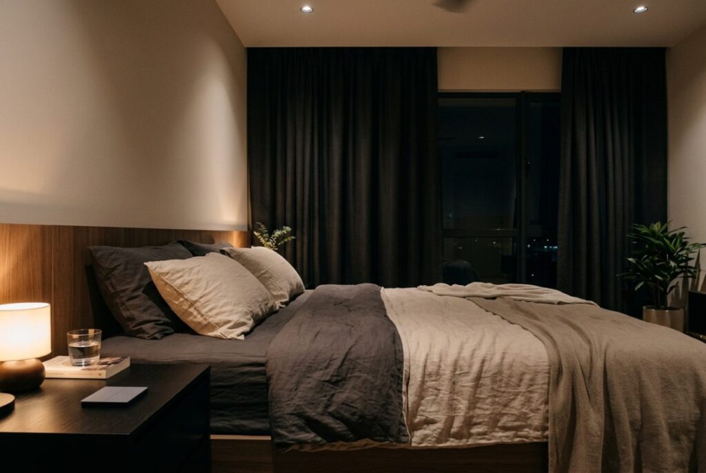 Bedroom with Avant Guard smart blinds and dimmable lights