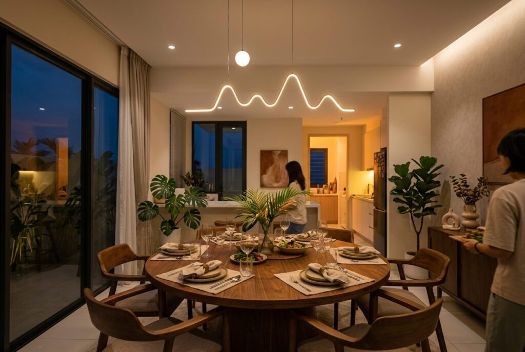 Dining room with Avant Guard smart pendant and downlights