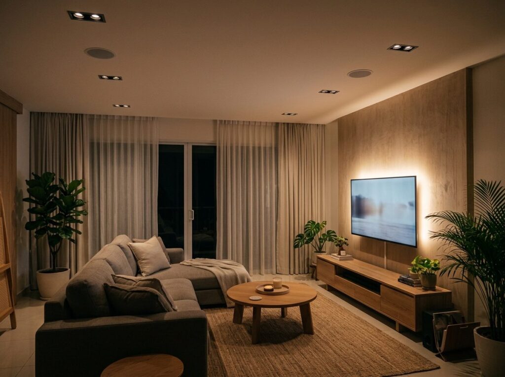Living room with Avant Guard magnetic track lights and curtain motor